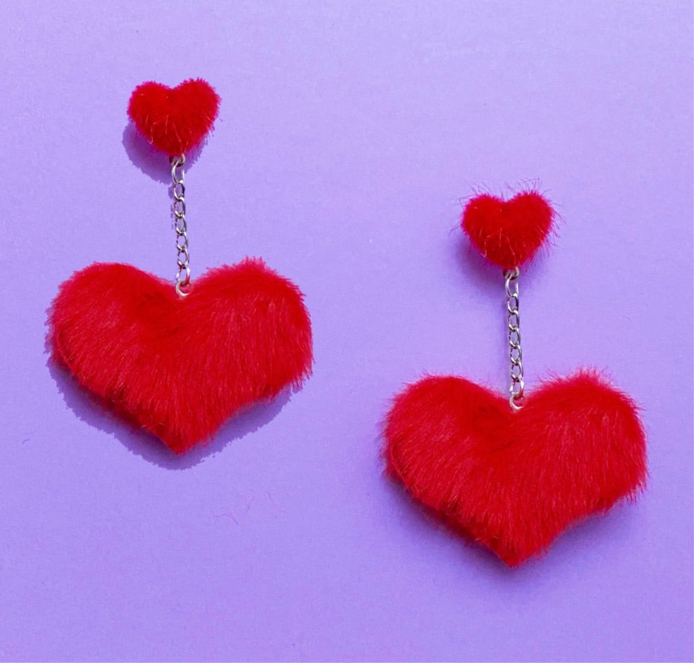 Red Faux Mink Double Heart Pom Pom Drop Earrings