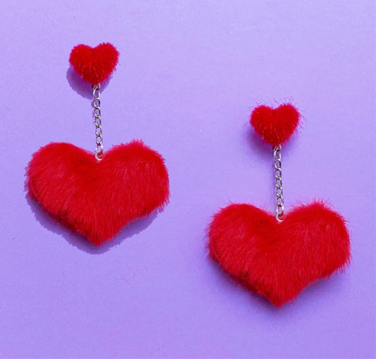 Red Faux Mink Double Heart Pom Pom Drop Earrings