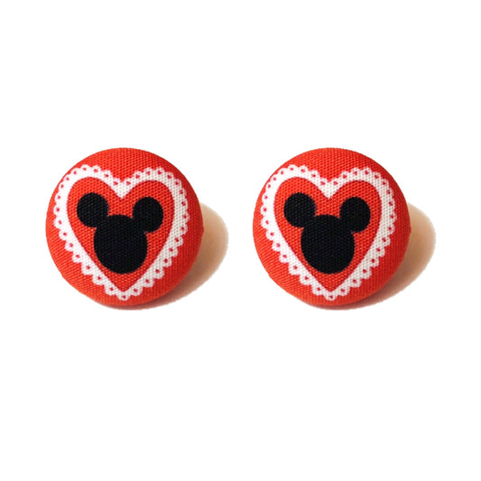 Mouse Valentine Fabric Button Earrings