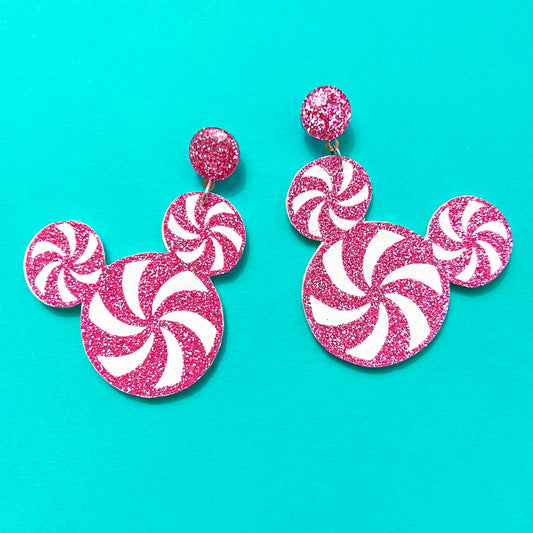 Sparkle Pink Peppermint Mouse Drop Earrings