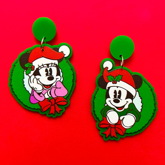 Mouse Couple Christmas Wreath Acrylic Drop Earrings