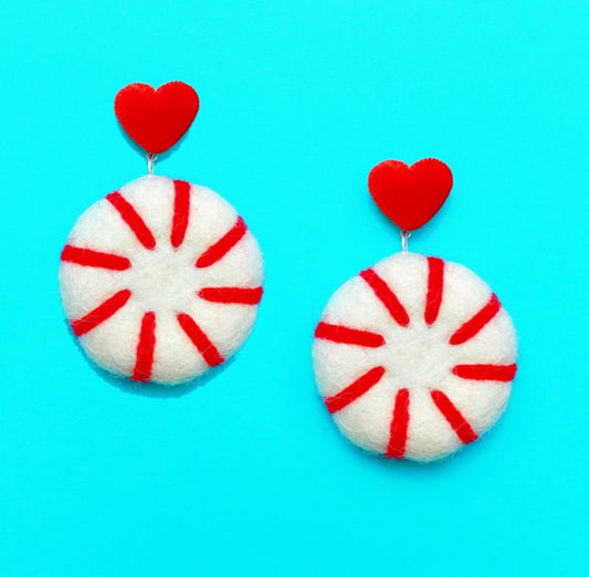 Peppermint Velvet Heart White & Red Wool Felt Drop Earrings