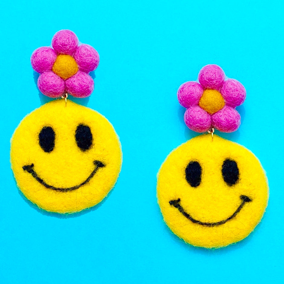 Pink Flower & Smiley Face Wool Felt Drop Earrings