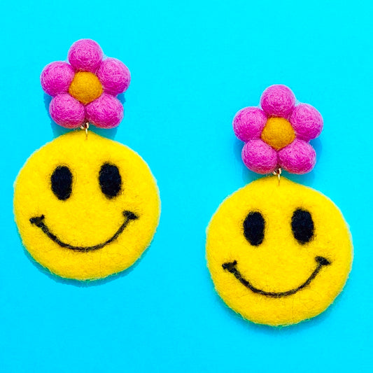 Pink Flower & Smiley Face Wool Felt Drop Earrings
