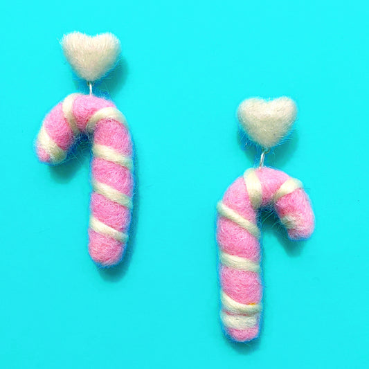 Pink & White Heart & Candy Cane Wool Felt Drop Earrings