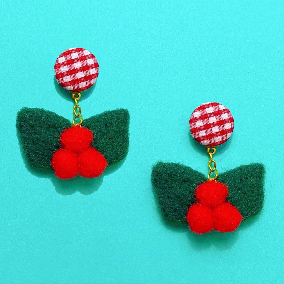 Holly & Berries Gingham Wool Felt Drop Earrings