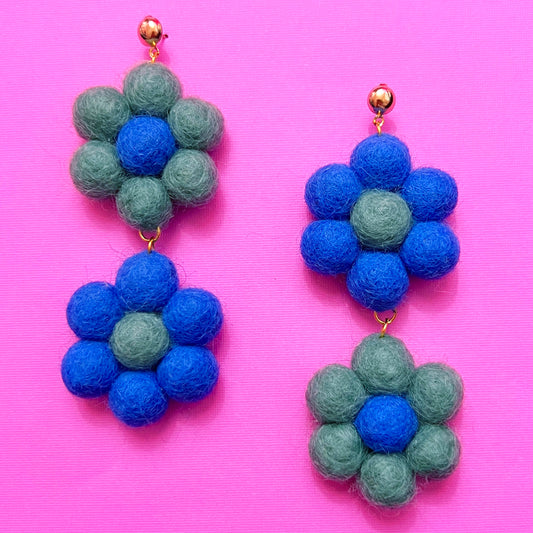 Blueberry Double Flower Wool Felt Drop Earrings