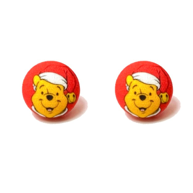 Pooh Santa Hat Fabric Button Earrings