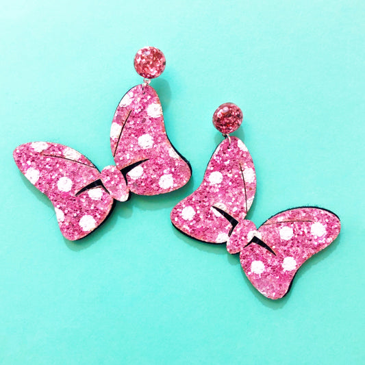 Pastel Pink Sparkle Polka Dot Bow Drop Earrings