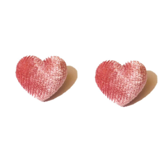 Pink Velvet Heart Fabric Button Earrings