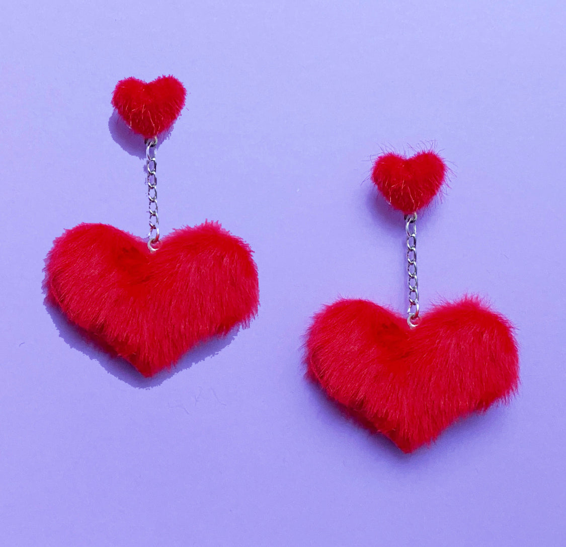 Red Faux Mink Double Heart Pom Pom Drop Earrings