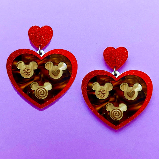 Mouse Heart Chocolate Valentine Acrylic Drop Earrings