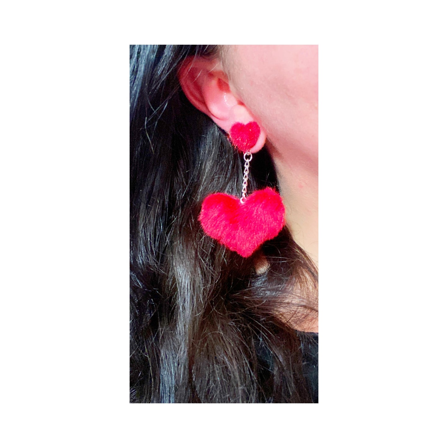 Red Faux Mink Double Heart Pom Pom Drop Earrings