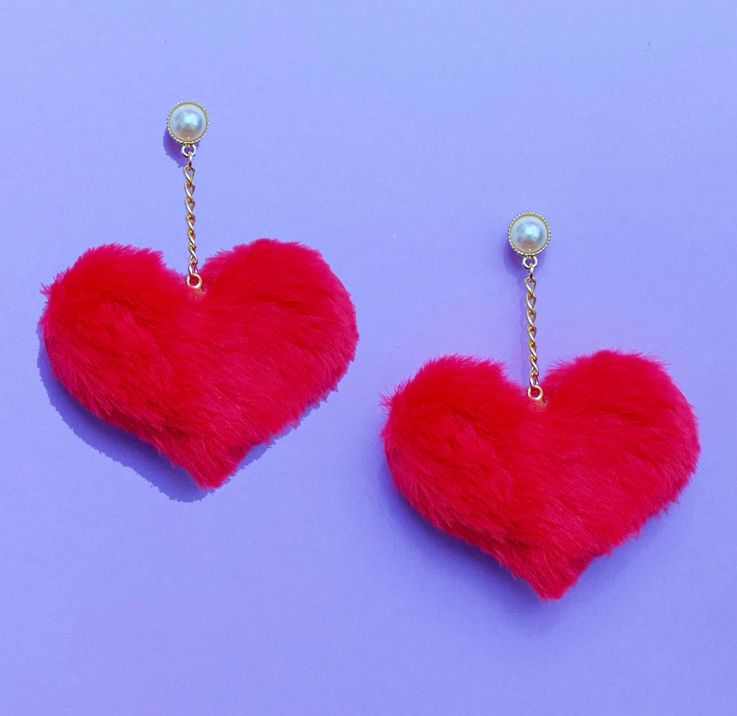 Large Red Faux Mink & Pearl Pom Pom Drop Earrings