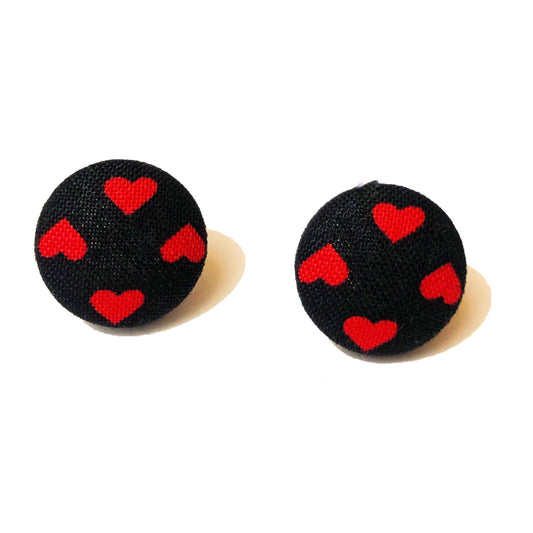 Black & Red Heart Fabric Button Earrings