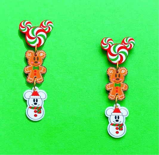 Peppermint Gingerbread & Snowman Mouse Tiered Acrylic Drop Earrings