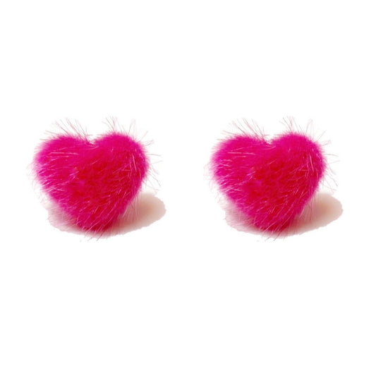 Hot Pink Faux Mink Heart Shaped Fabric Button Earrings